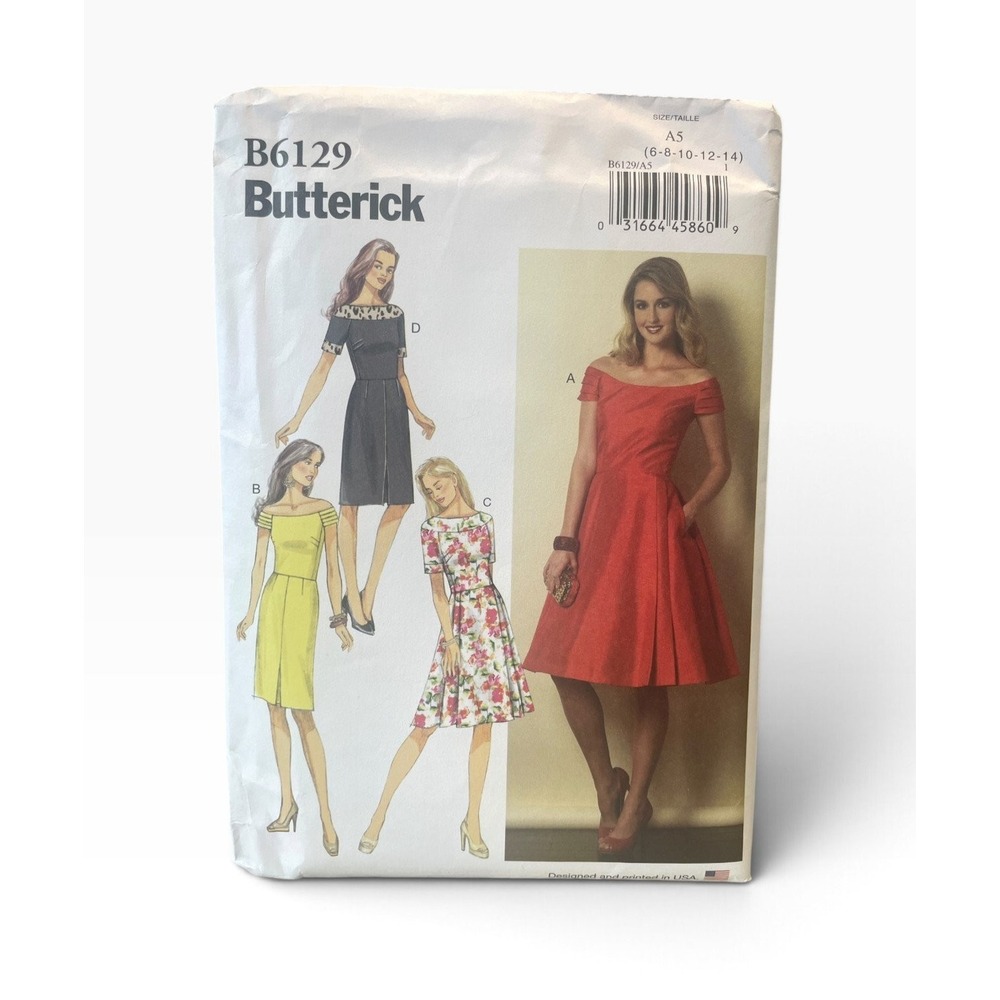 Butterick B6129 Misses' Petite Dress A5 (6-14) Off Shoulder Fit & Flare Uncut FF